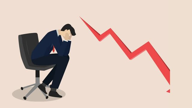 Economic crash, financial crisis causes stock and crypto markets to fall down concept, Footage of animation of depressed businessman with falling bankruptcy graph.