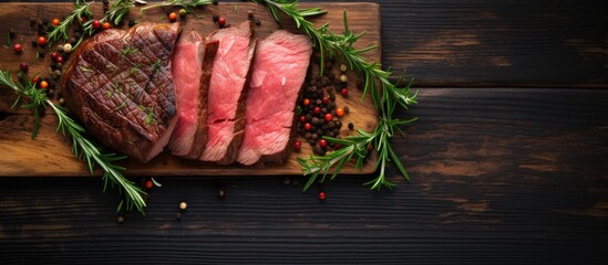 Dry aged sliced roast beef steak with herbs on an old cutting board, top view with copy space - obrazy, fototapety, plakaty