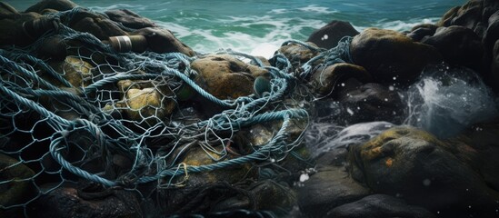 Fishing wire entangled in beach rocks due to overfishing and discarded equipment causing pollution. - obrazy, fototapety, plakaty