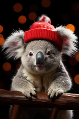 Obraz premium Funny sweet nice Australian koala bear baby in red Christmas Santa Claus hat sitting and smiling. Merry Christmas and a Happy New Year Xmas celebration concept.