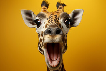 Portrait Banner for Website of surprised amazed giraffe pet with a curious face with open mouth at on yellow studio background. Website banner concept. Advertising postcards, notebooks. - obrazy, fototapety, plakaty