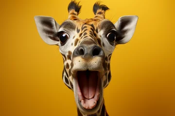 Fotobehang Portrait Banner for Website of surprised amazed giraffe pet with a curious face with open mouth at on yellow studio background. Website banner concept. Advertising postcards, notebooks. © Valeriia