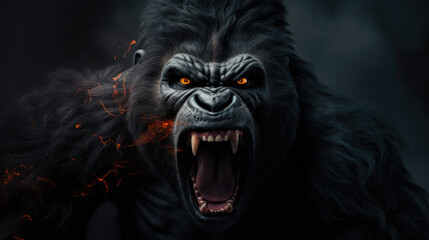 Silverback - adult male of a gorilla face. A gorilla appears to be angry, mouth open, yawning.