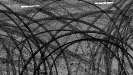 Aerial top view car tire marks burnout, Tire marks on the asphalt road, Tire mark on race track texture and background. - obrazy, fototapety, plakaty