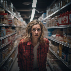 Mujer estresada en el supermercado - obrazy, fototapety, plakaty