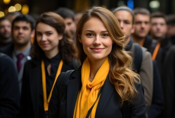 Smiling young woman in black attire with yellow scarf at a business event