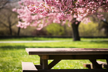 Freshly mowed grass empty picnic table in focus, the interior of a vibrant park with a backdrop of blossoming trees, ready for a lively spring sale promotion...