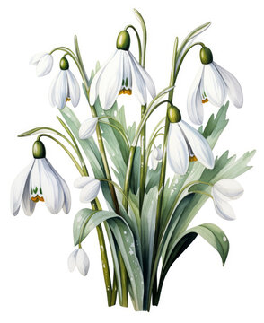 Fototapeta Forest snowdrops with drops of water on white background. Primroses. Watercolor masterpiece. Twigs and leaves. White spring flowers. Copy space. Close-up.