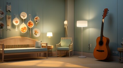 an inviting portrayal of a hospital music therapy room, featuring musical instruments