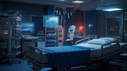 a calming scene of an intensive care unit (ICU), featuring advanced monitoring equipment, dimmed...