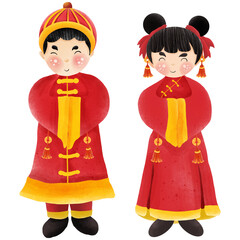 Painting of men and women wearing Chinese New Year costumes for the Chinese New Year festival.
