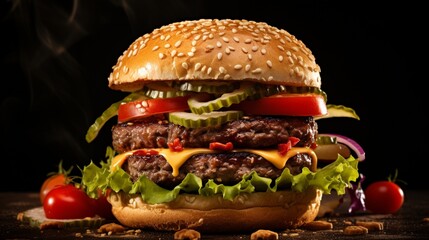 a mouthwatering image of a gourmet burger with juicy beef patty, crisp lettuce, ripe tomatoes, and...