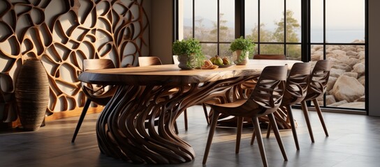 Modern Dining Room with Live Edge Wooden Table and Unique Chairs
