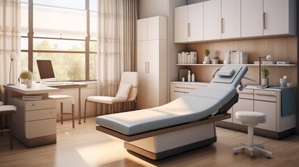 a sophisticated snapshot of a hospital consultation room, featuring a doctor's desk, medical charts, and a comfortable space for patient discussions - obrazy, fototapety, plakaty
