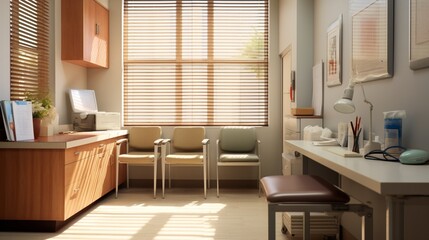 a sophisticated snapshot of a hospital consultation room, featuring a doctor's desk, medical...
