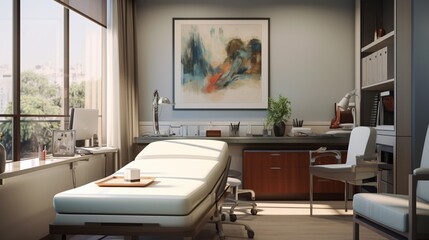 a sophisticated snapshot of a hospital consultation room, featuring a doctor's desk, medical charts, and a comfortable space for patient discussions