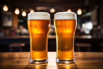 Two glasses of cold beer on the table. AI generated images
