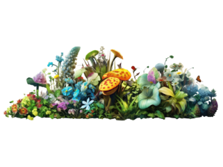 Beautiful greenish plant from forest, with beautiful multicolored flowers isolated on transparent background