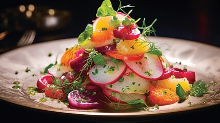 the vibrant hues and crisp textures of a Russian fruit and vegetable salad
