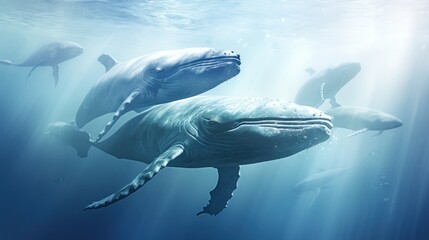  a group of humpback whales swimming in the ocean with sunlight streaming through the water's surface and sunlight streaming through the water's surface.