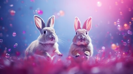 Fototapeta na wymiar a couple of rabbits sitting next to each other on top of a field of purple and pink flowers in front of a blue sky.