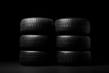 Fototapeta na wymiar a stack of four tires sitting next to each other on a black background with a shadow of the tires on the ground.