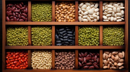  a wooden box filled with lots of different types of beans and beans next to each other on top of a table.