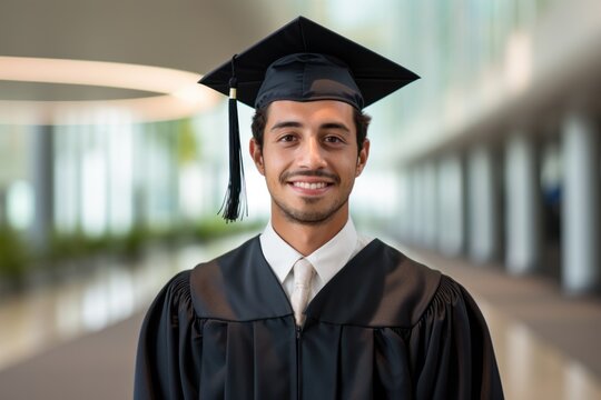  a man in a graduation cap and gown posing for a picture in the hallway of a building with a circular light in the background.