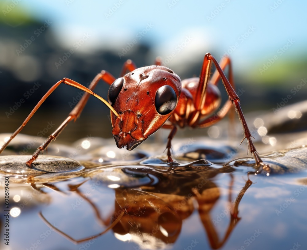 Poster a close up of a bug on a surface of water. generative ai.