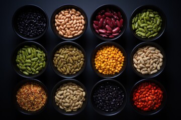  a bunch of different types of beans in small black bowls on a black surface with different colors of beans in them.