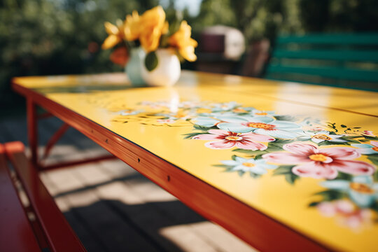 ready for a lively spring break celebration: Vibrant floral-patterned empty picnic table close-up, the interior of a cheerful outdoor cafe with a hint of blooming flowers in the background.