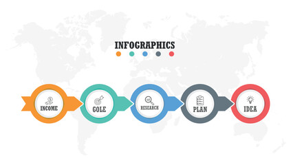 Business infographics. Presentation with 5 steps, options, arrows. Vector template.