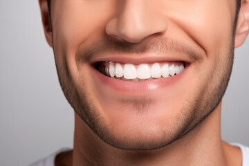 Banner perfect white teeth. Male smile, dental care and stomatology, dentistry. Advertising of a dental clinic. Dental concepts