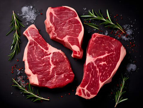 fresh raw beaf steak meat with salt and rosemary on dark wood kitchen table, top view
