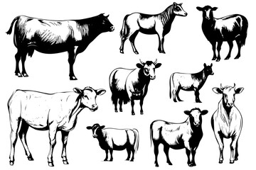 Farm animals. Set of vector sketches on a white background - obrazy, fototapety, plakaty