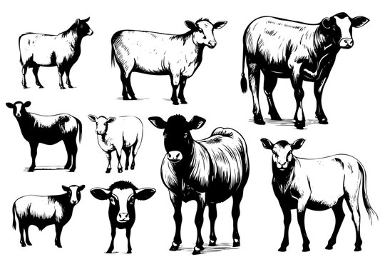 Farm animals collection illustration drawing style, sketch