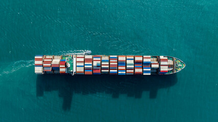 Aerial view container cargo maritime ship freight shipping by container cargo ship, Global business import export commercial trade logistic container cargo freight shipping. - obrazy, fototapety, plakaty
