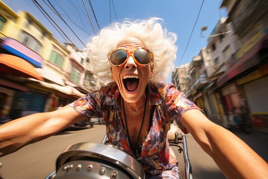 Energetic joyful and smiling elderly woman riding bicycle. Generative AI