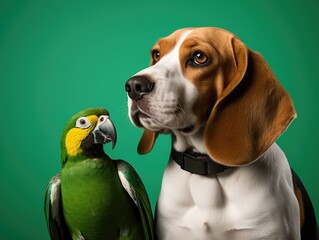 A dog and a parrot. Generative AI.