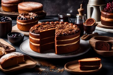 chocolate cake with nuts and coffee