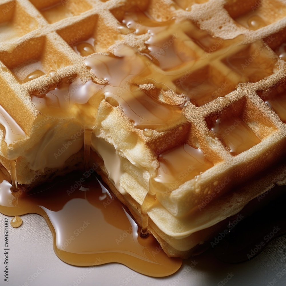 Poster a close up of waffle with syrup. generative ai.