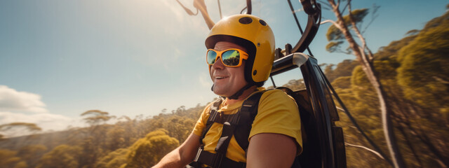 A man wearing yellow goggles and a helmet riding a paraglider. Generative AI.