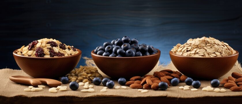 Three bowls of oats, blueberries and almonds. Generative AI.