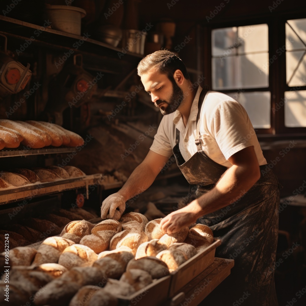 Poster a man in an apron is standing in front of a bakery. generative ai.