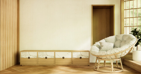 Wooden Arm chair and partition japanese on room tropical interior.3d rendering