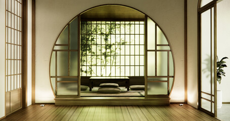 low table and pillow on wooden .floor room japanese style. - obrazy, fototapety, plakaty