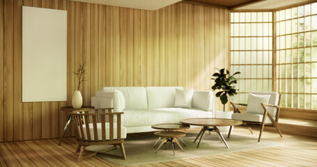 Fototapeta premium Wooden Arm chair and partition japanese on room tropical interior.3d rendering