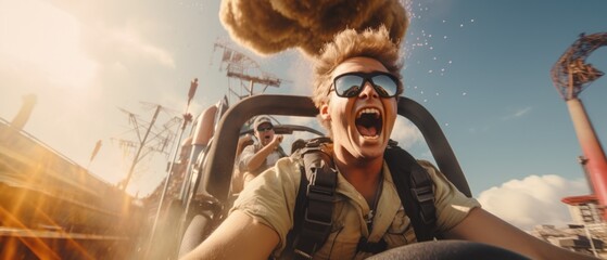 A man in sunglasses riding a roller coaster. Generative AI.