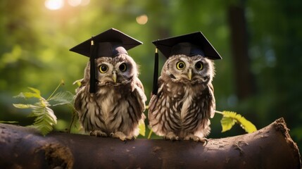 Two owls wearing graduation caps sit on a branch. Generative AI.