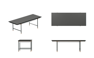 working table with stenless leg and black top ,isometric, top view, font view, side view, isolated,perspective, rendering ,png